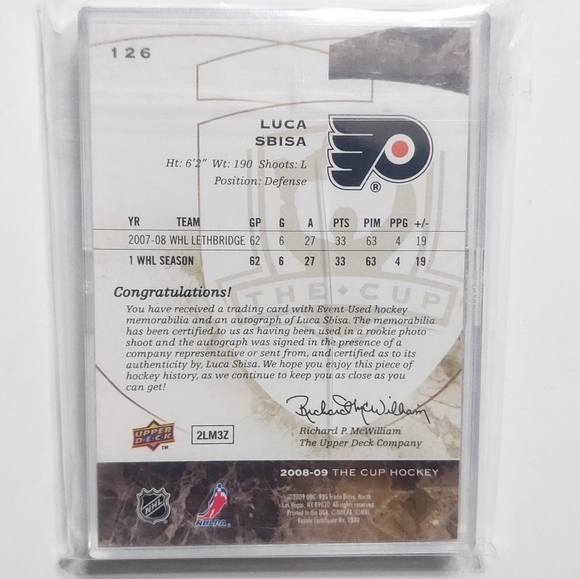 Luca Sbisa Rookie Card Gold UD THE CUP Hockey 2008/09 Philadelphia Flyers 09/47 - Picture 3 of 3